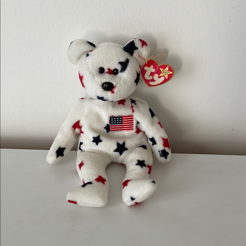 Ty Beanie Baby White Star-Patterned Patriotic Teddy Bear Glory